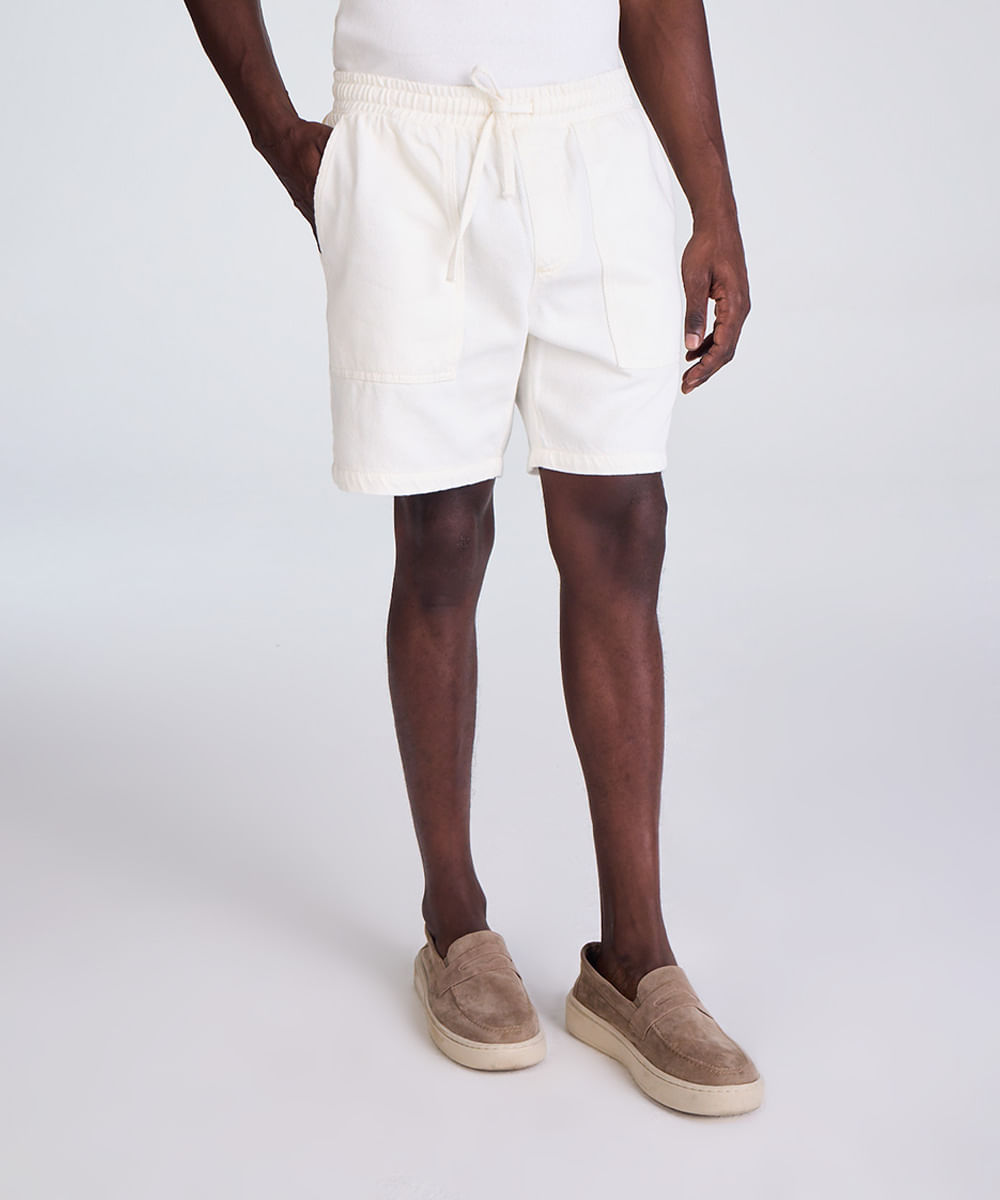 bermuda reta masculina de sarja cós elástico off white