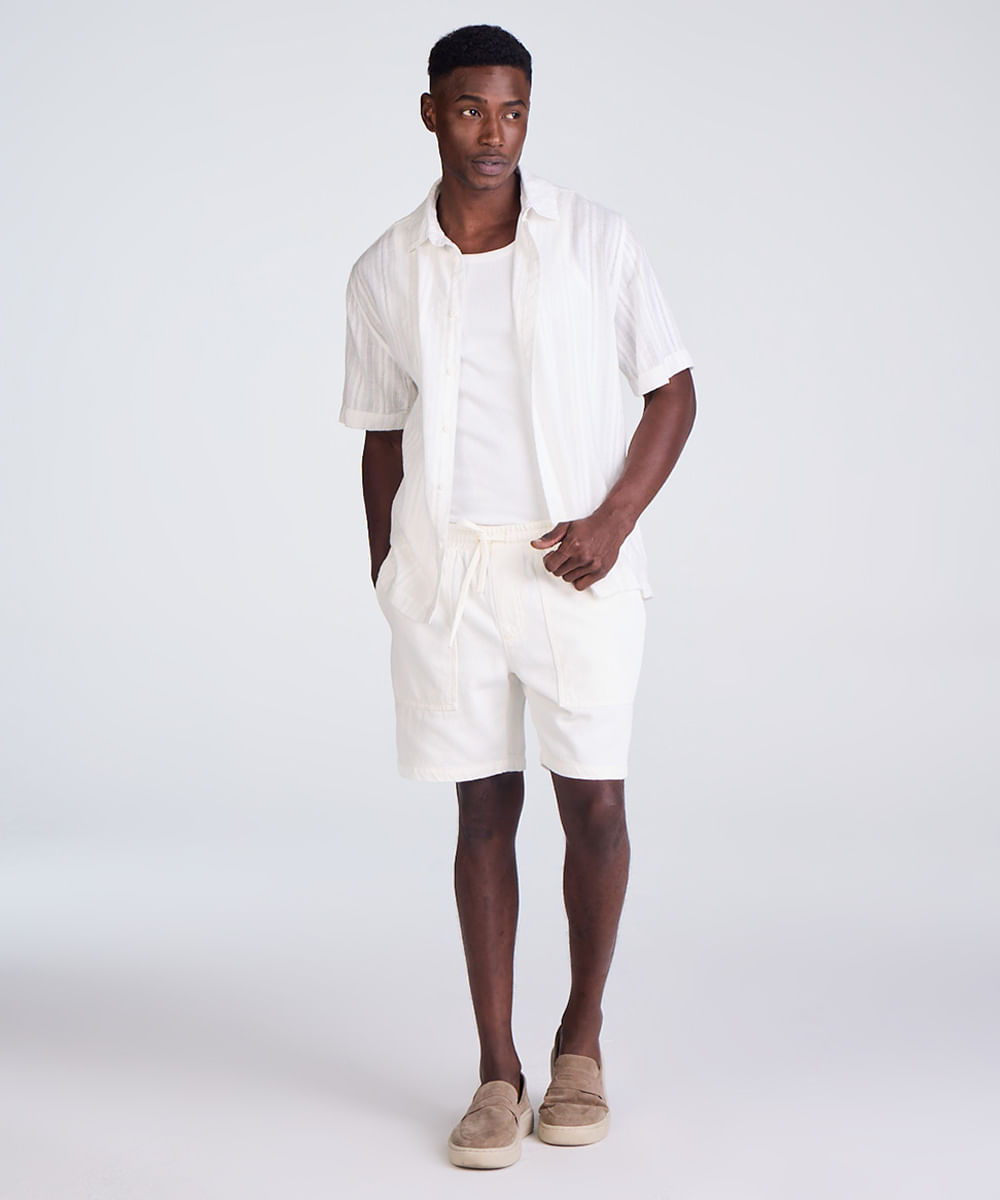 bermuda reta masculina de sarja cós elástico off white