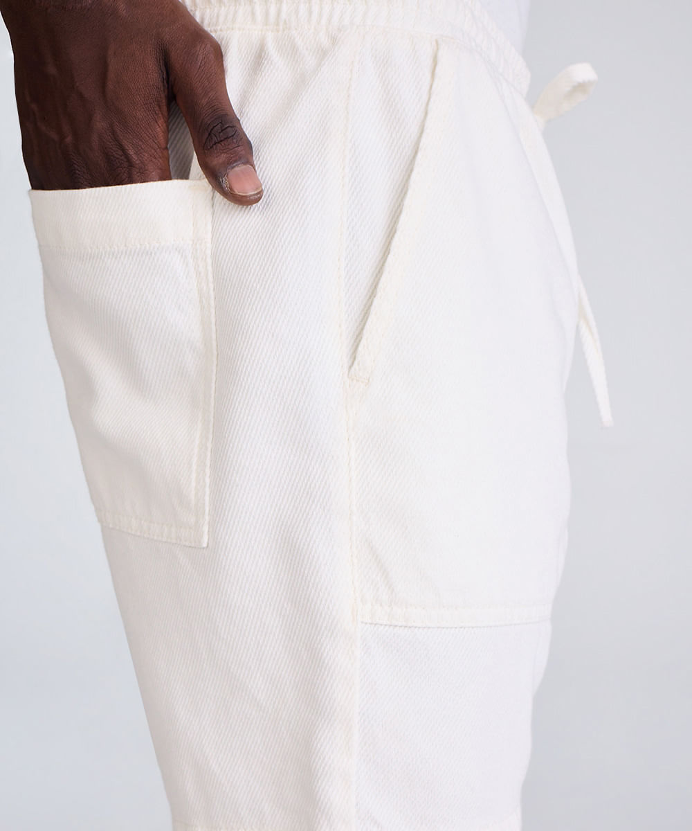 bermuda reta masculina de sarja cós elástico off white