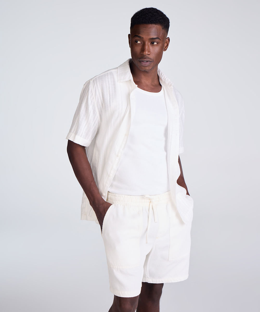 bermuda reta masculina de sarja cós elástico off white