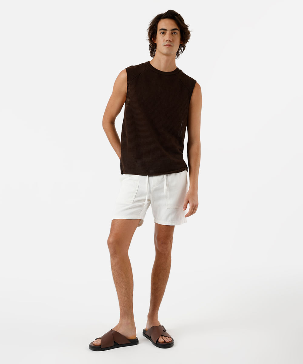 bermuda reta masculina de sarja cós elástico off white