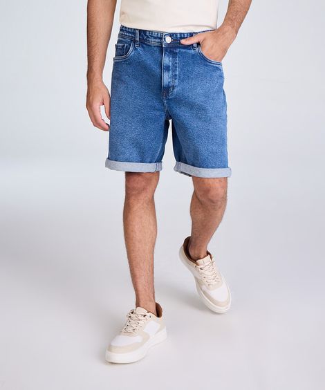 bermuda reta masculina jeans com barra dobrada azul