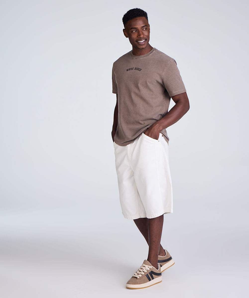 bermuda baggy masculina de sarja com recorte off white