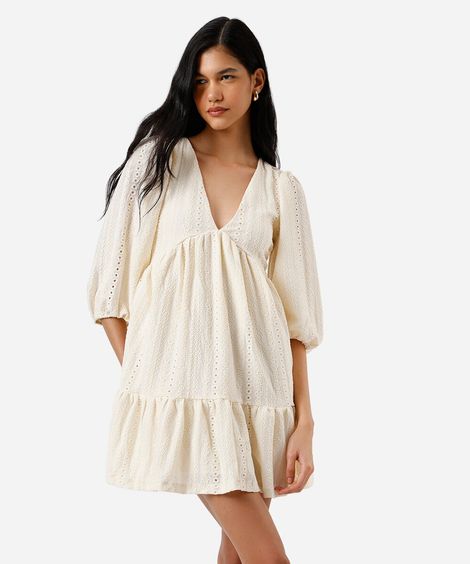 vestido curto feminino de laise com recorte off white