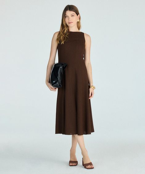 vestido evasê feminino de alfaiataria com linho marrom