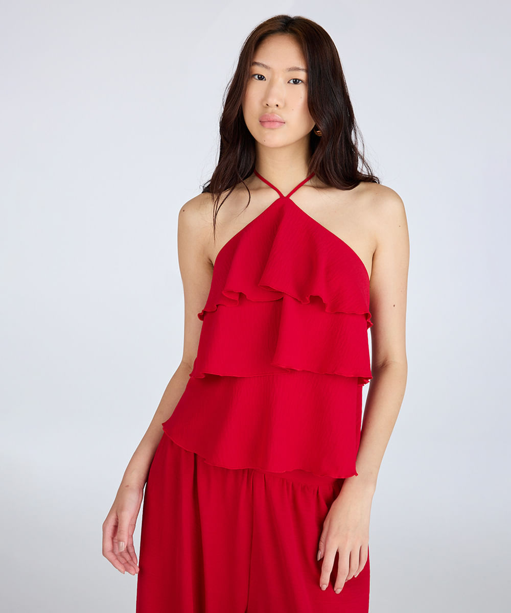 blusa halterneck feminina com babados texturizada vermelha