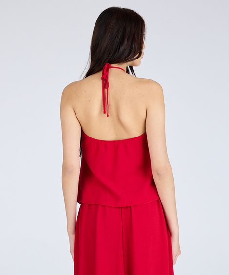 blusa halterneck feminina com babados texturizada vermelha