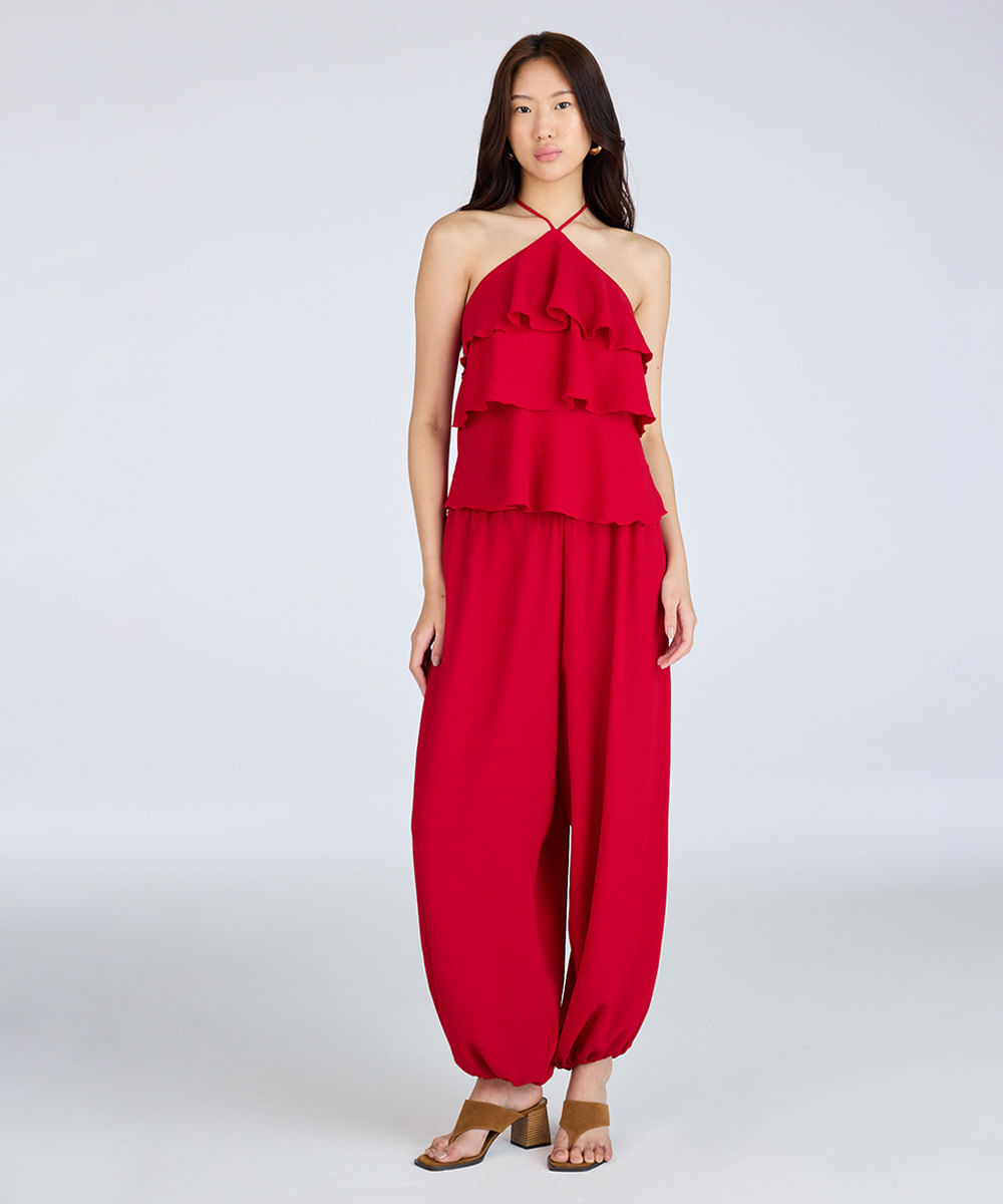 blusa halterneck feminina com babados texturizada vermelha