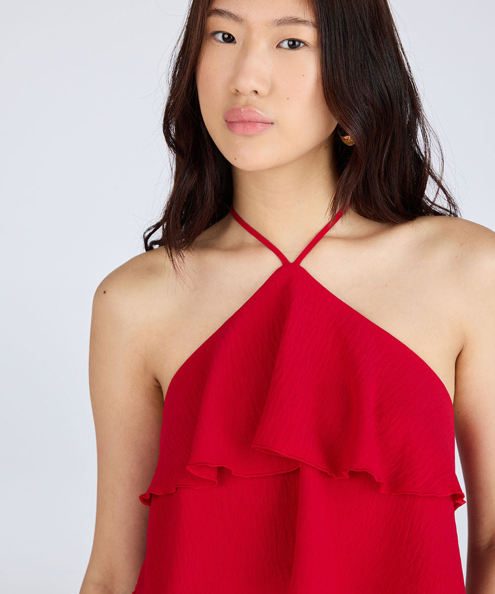 blusa halterneck feminina com babados texturizada vermelha