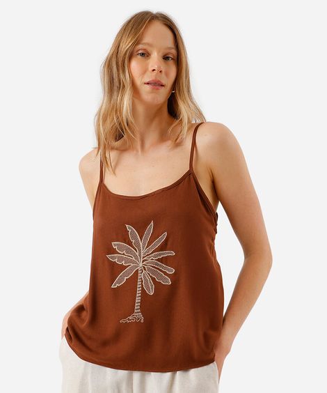 blusa alça fina feminina de viscose bordada marrom