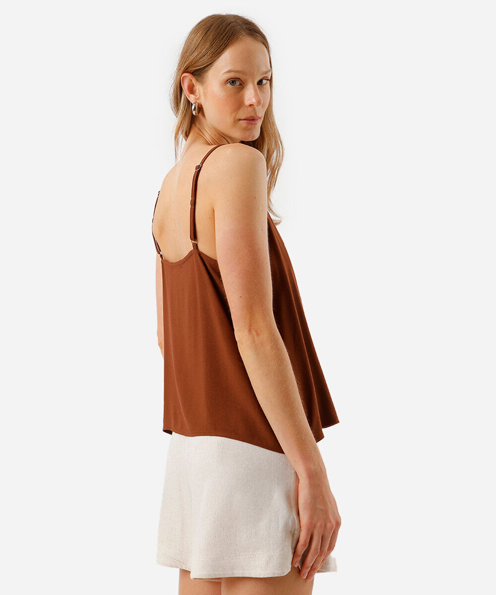 blusa alça fina feminina de viscose bordada marrom