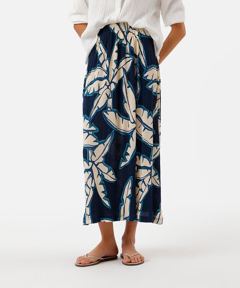 saia midi feminina plissada folhagens azul