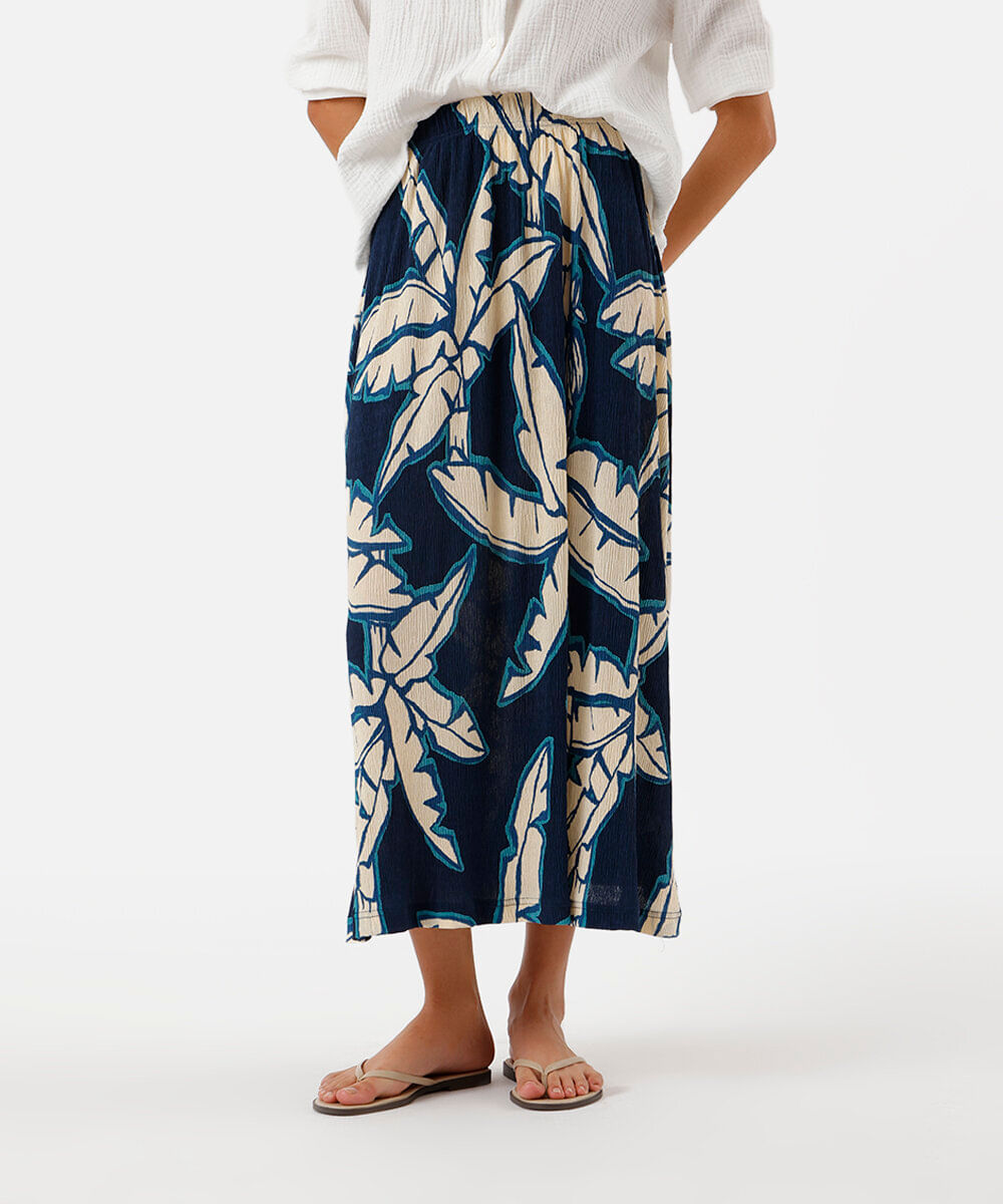 saia midi feminina plissada folhagens azul