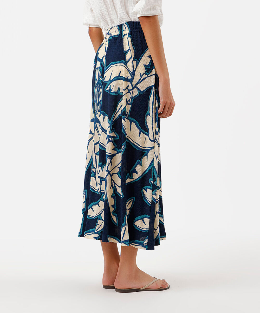 saia midi feminina plissada folhagens azul