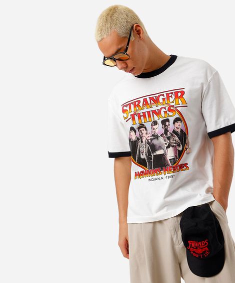 camiseta masculina de algodão stranger things off white