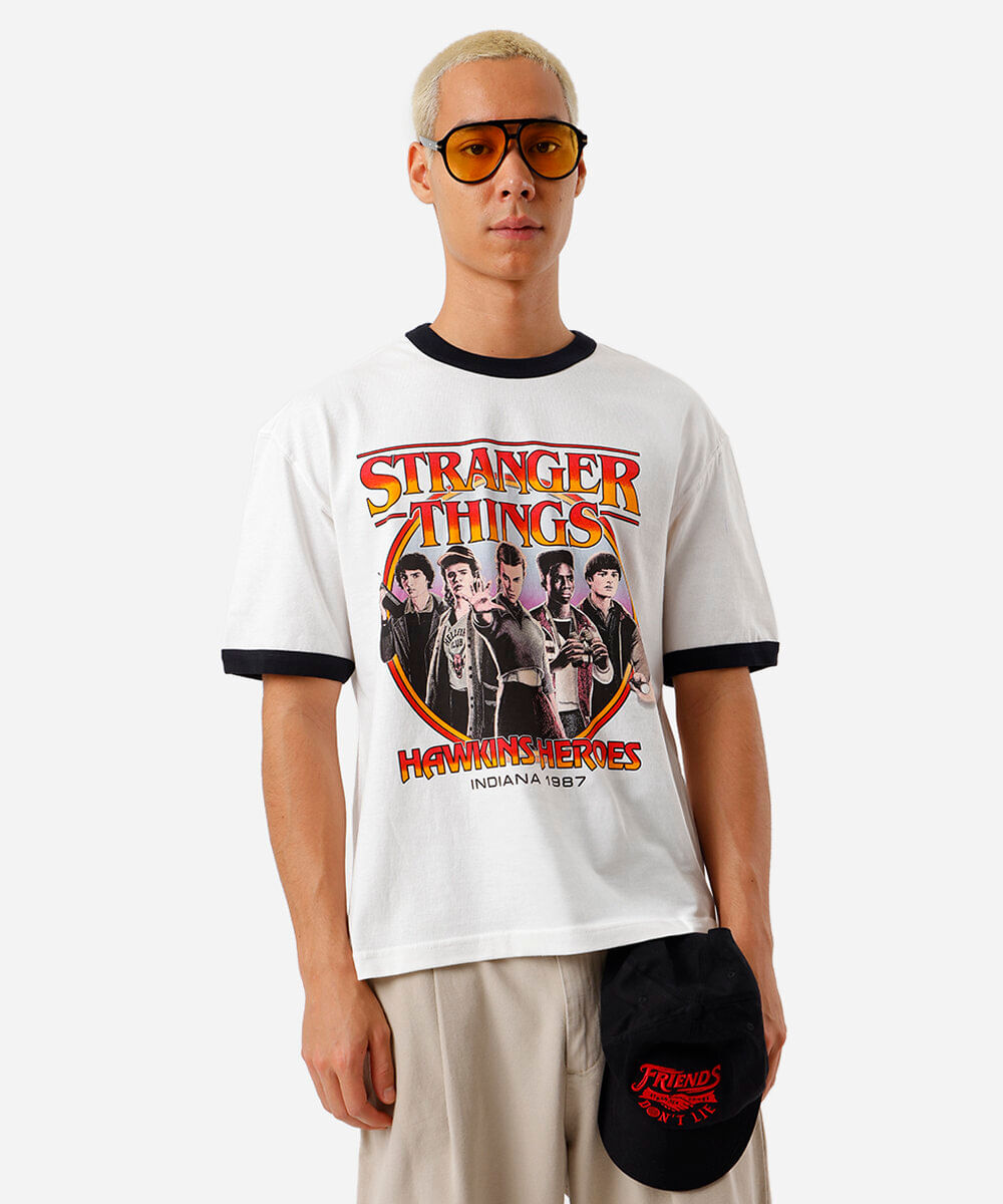 camiseta masculina de algodão stranger things off white