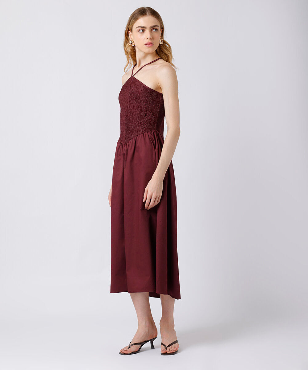 vestido midi feminino de algodão halterneck mindset vinho