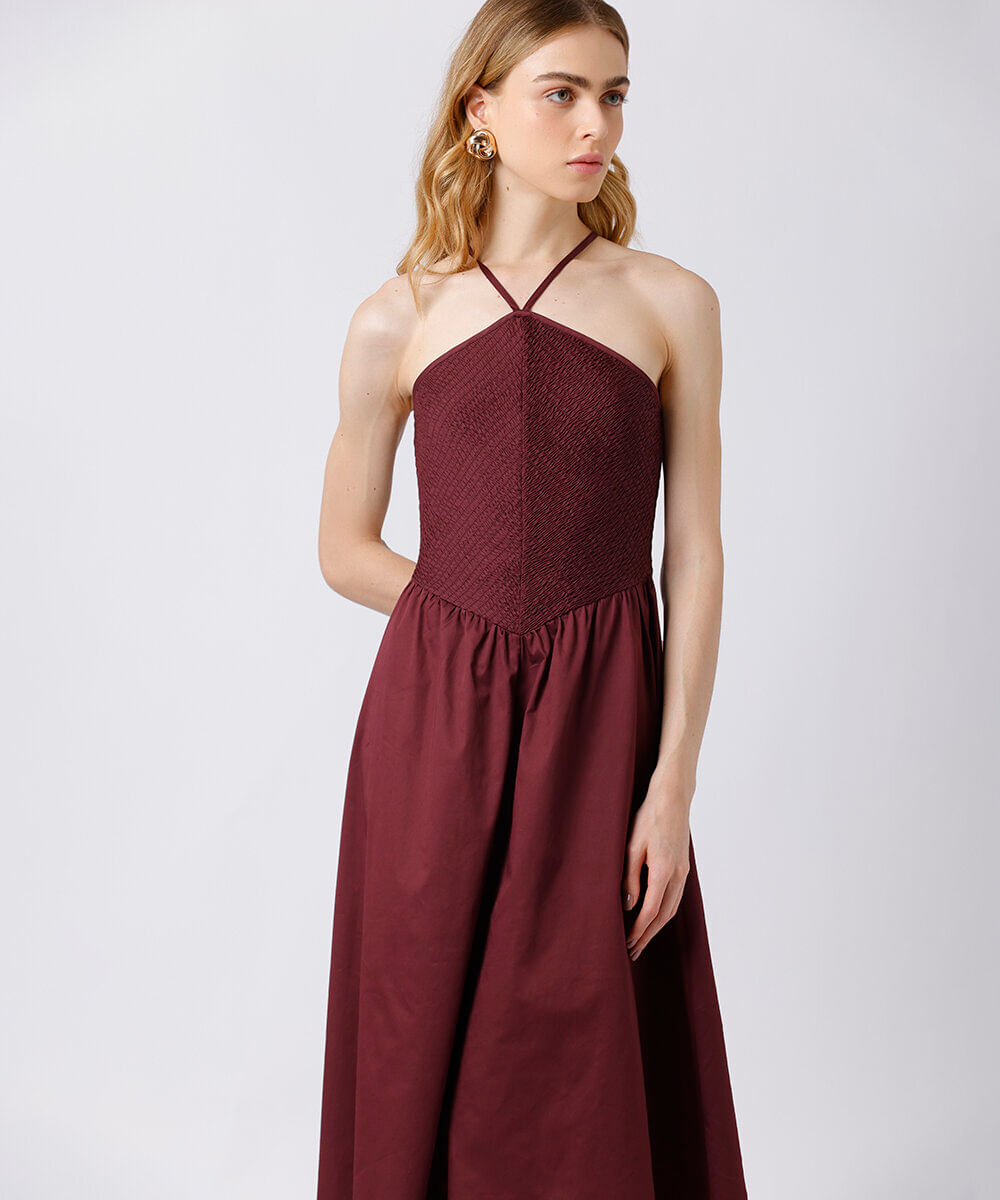 vestido midi feminino de algodão halterneck mindset vinho
