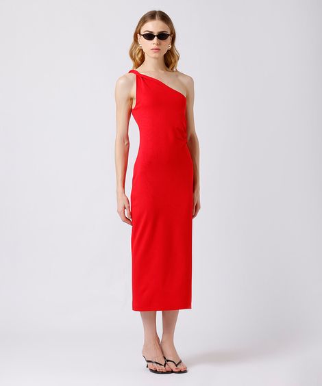 vestido midi feminino ombro único mindset vermelho