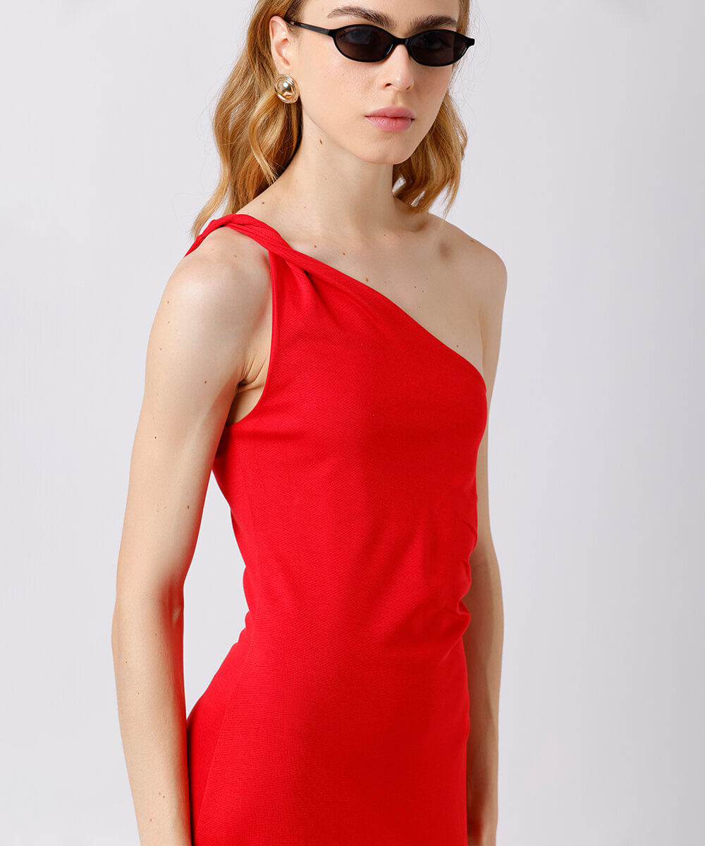vestido midi feminino ombro único mindset vermelho