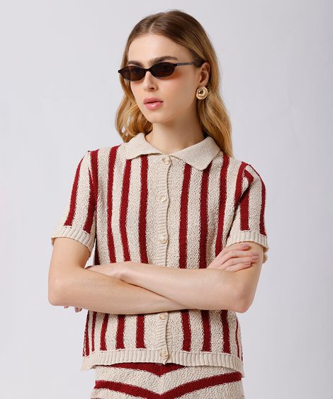 camisa feminina de tricot texturizada listrada mindset colorida