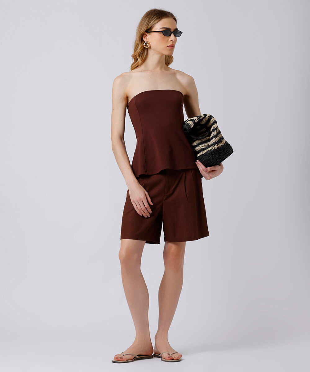 blusa peplum feminina sem alça mindset marrom