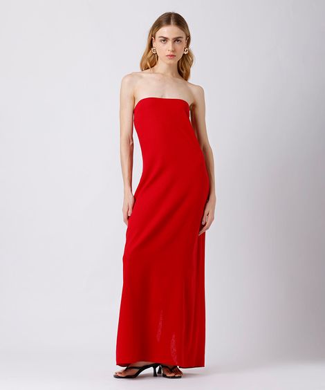 vestido longo sem alça feminino com linho e fenda mindset vermelho