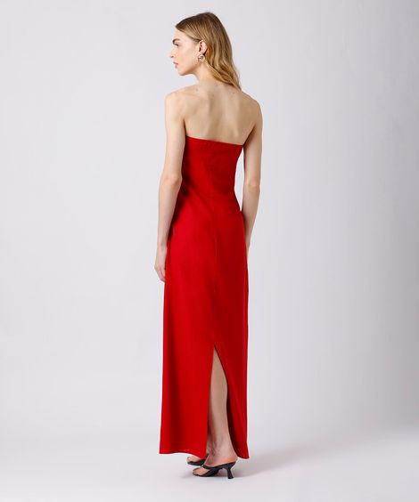 vestido longo sem alça feminino com linho e fenda mindset vermelho