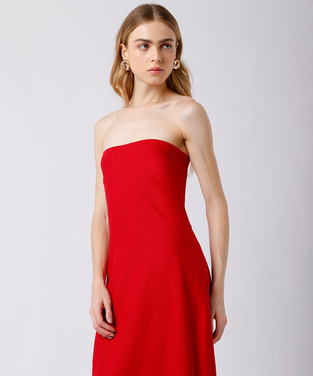 vestido longo sem alça feminino com linho e fenda mindset vermelho