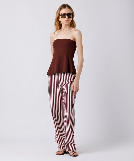 calça reta feminina de sarja listrada mindset vinho