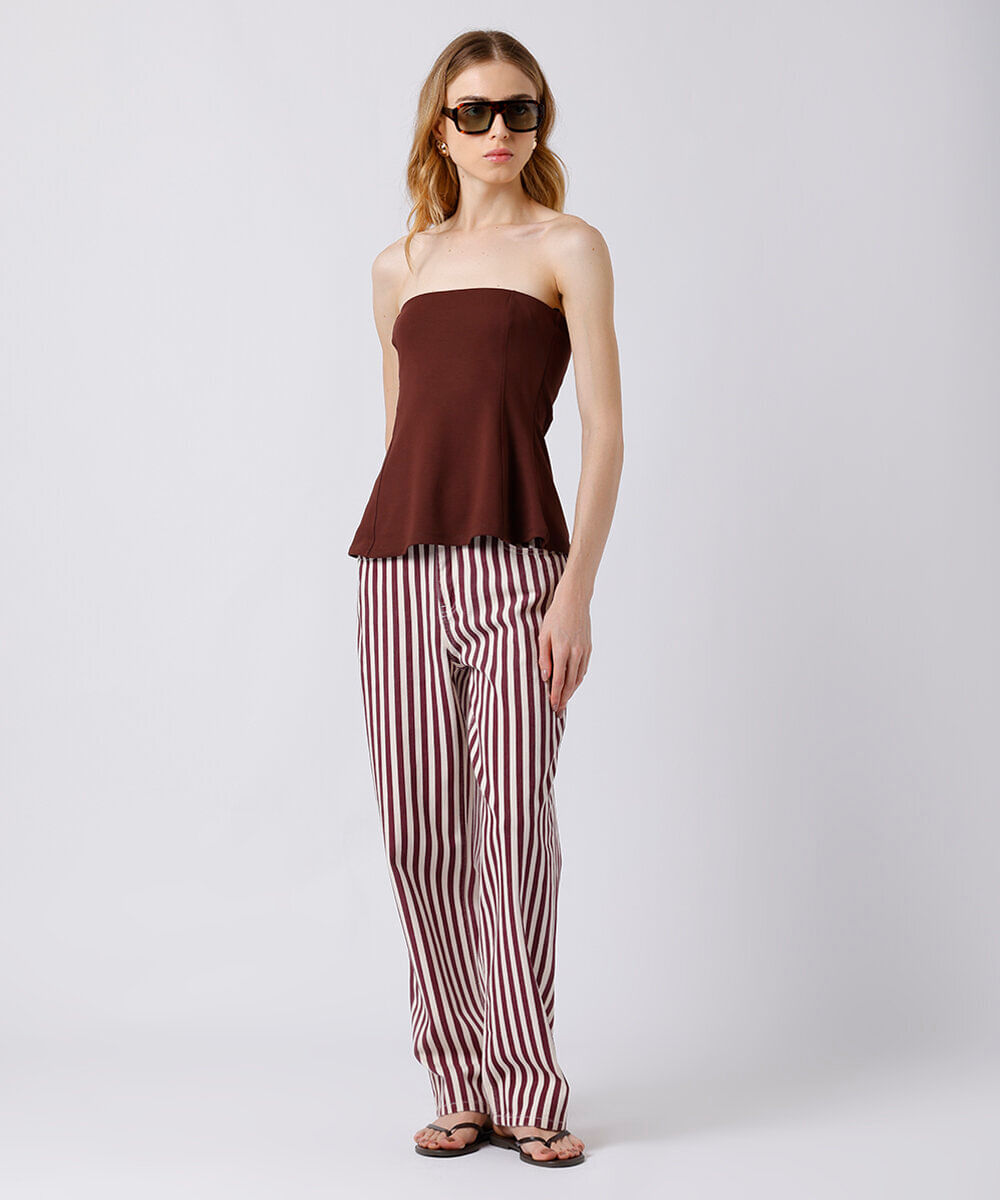 calça reta feminina de sarja listrada mindset vinho