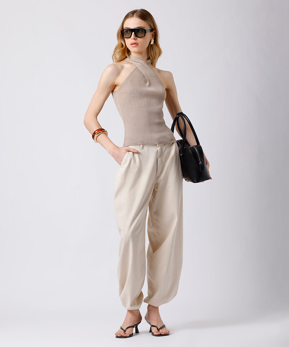 blusa feminina de tricot halterneck canelada mindset bege