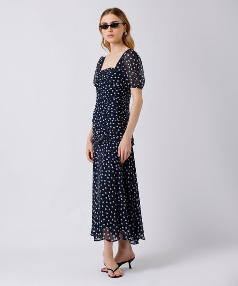 vestido midi feminino manga bufante franzido poá mindset azul