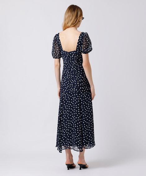 vestido midi feminino manga bufante franzido poá mindset azul