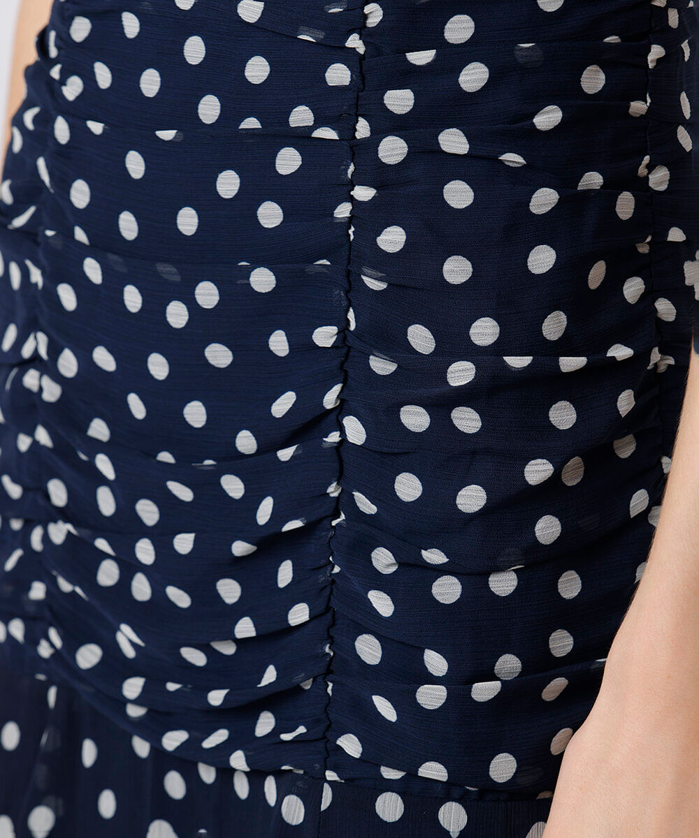 vestido midi feminino manga bufante franzido poá mindset azul