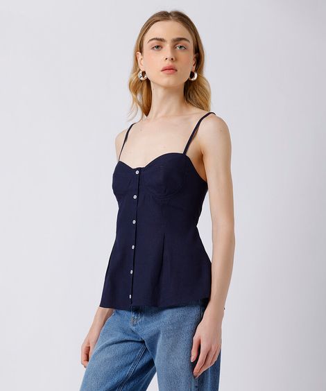 blusa peplum feminina com linho alça fina mindset azul