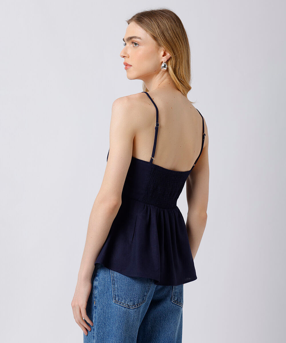 blusa peplum feminina com linho alça fina mindset azul
