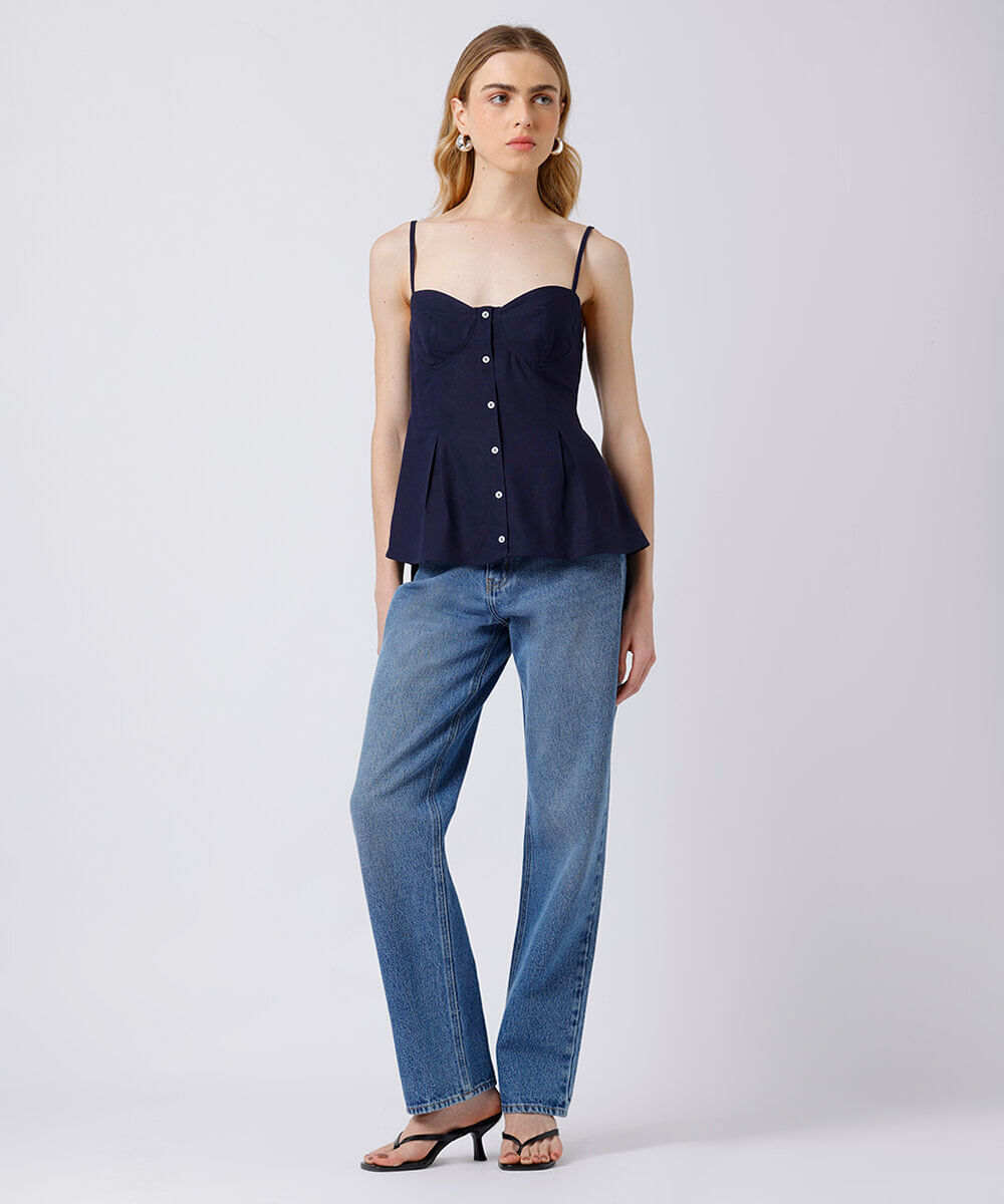blusa peplum feminina com linho alça fina mindset azul