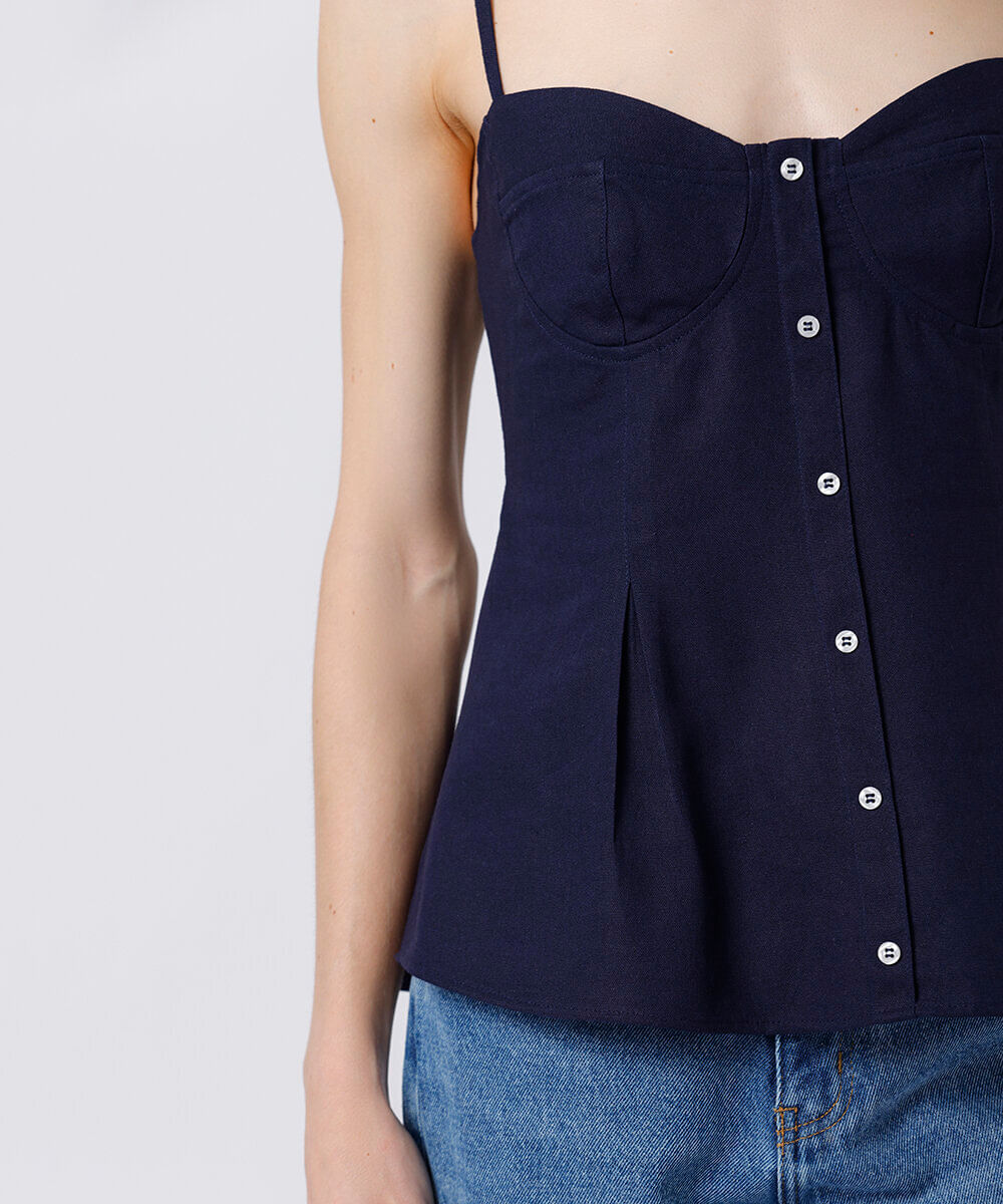 blusa peplum feminina com linho alça fina mindset azul