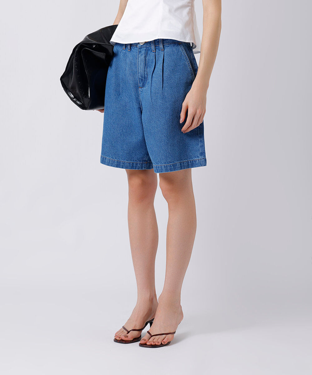 bermuda feminina jeans com pregas mindset azul