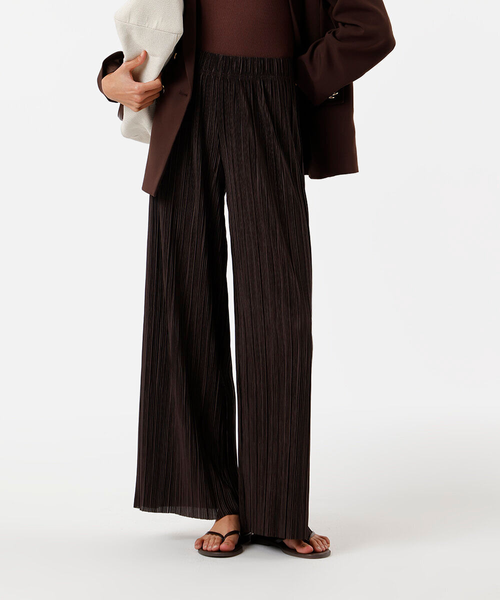 calça pantalona feminina plissada marrom