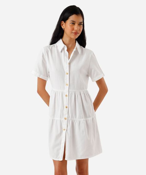 vestido curto chemise feminino de sarja com recortes off white