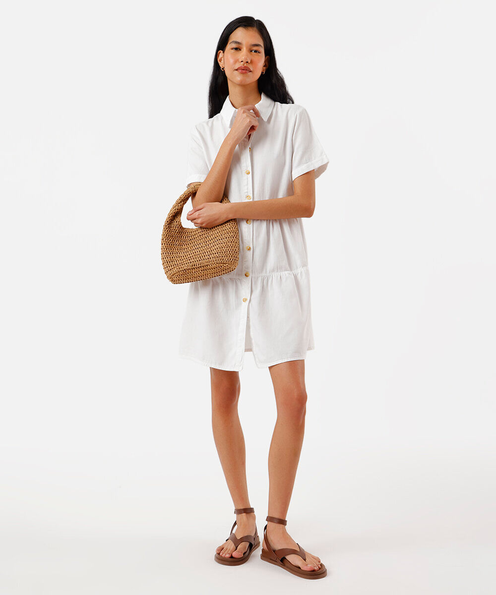 vestido curto chemise feminino de sarja com recortes off white