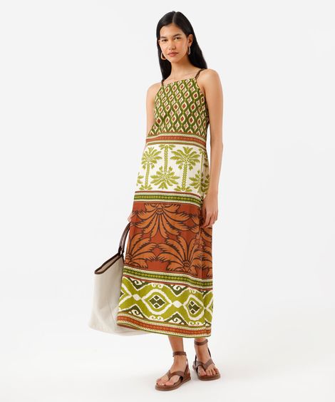 vestido midi alça fina feminino com algodão e fenda estampado verde