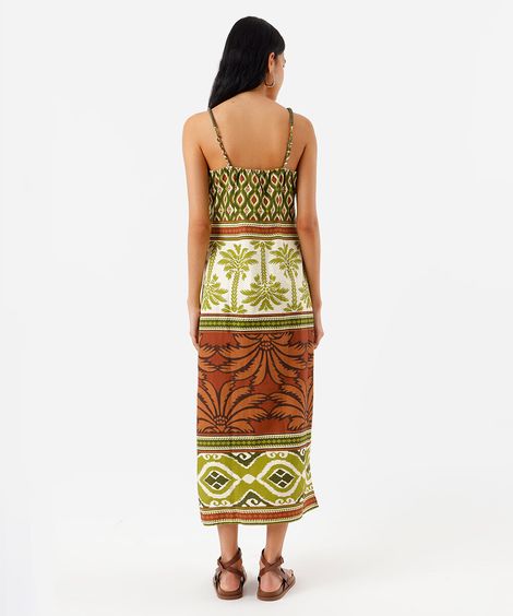 vestido midi alça fina feminino com algodão e fenda estampado verde