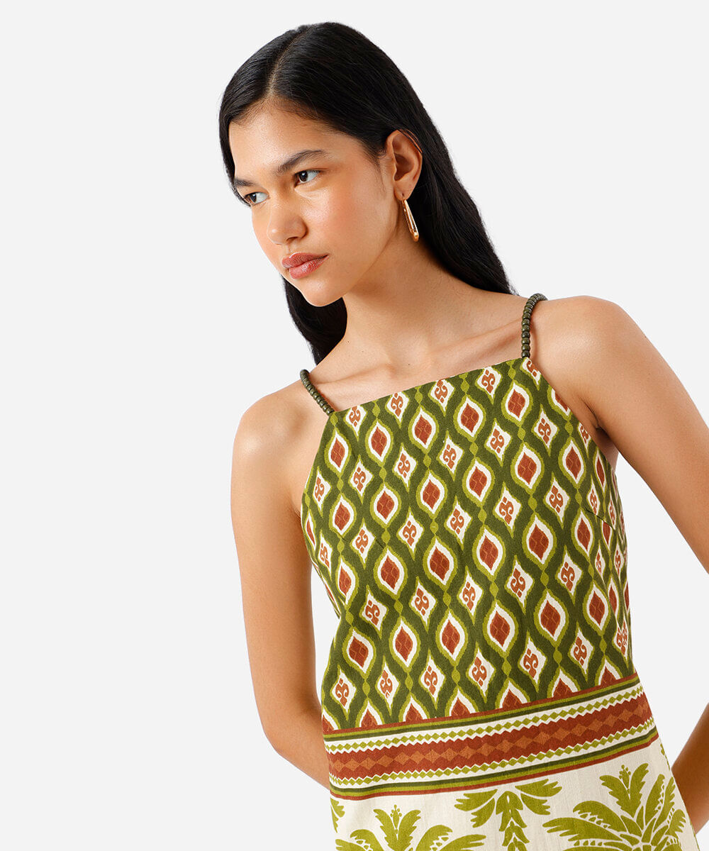 vestido midi alça fina feminino com algodão e fenda estampado verde