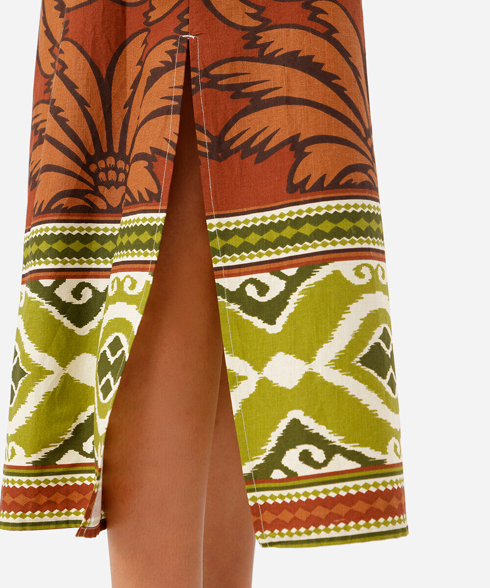 vestido midi alça fina feminino com algodão e fenda estampado verde