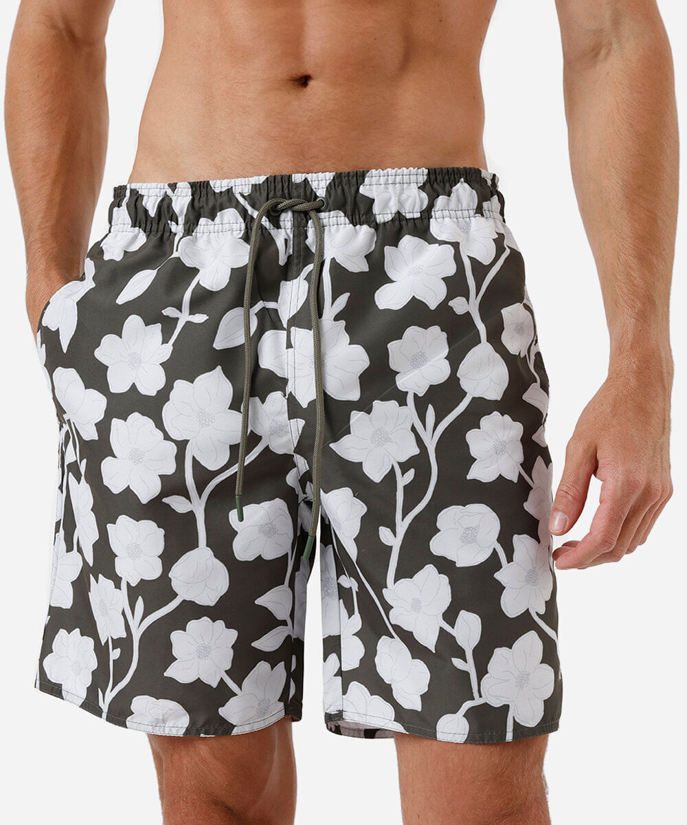 short masculino cós elástico floral verde