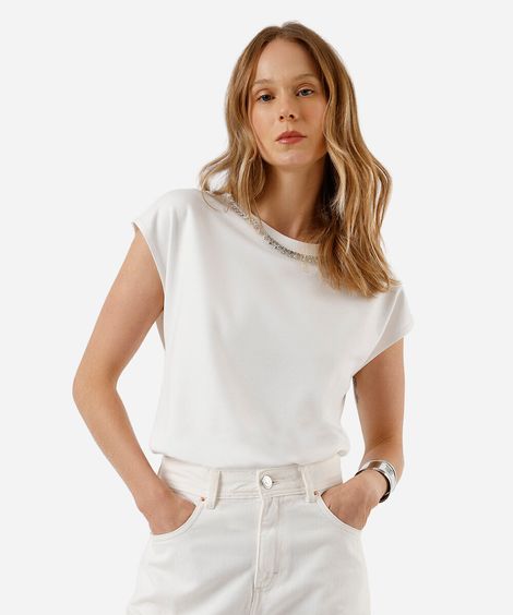 blusa feminina com viscose e brilhos manga curta off white
