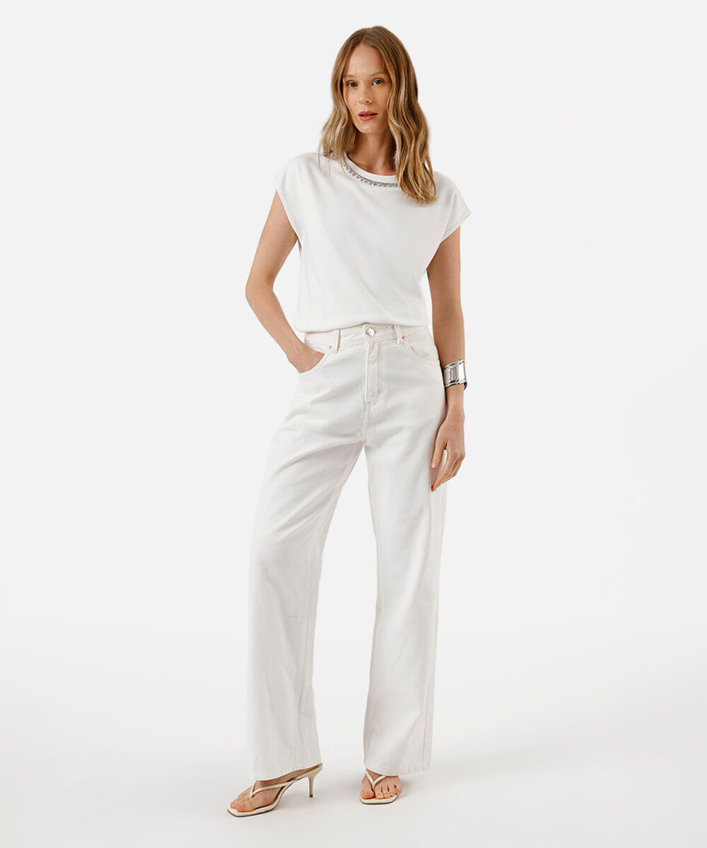 blusa feminina com viscose e brilhos manga curta off white